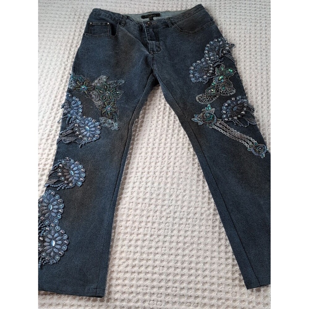 Boho Vintage Embellished Jeans with Sequin Appliqué Size 4